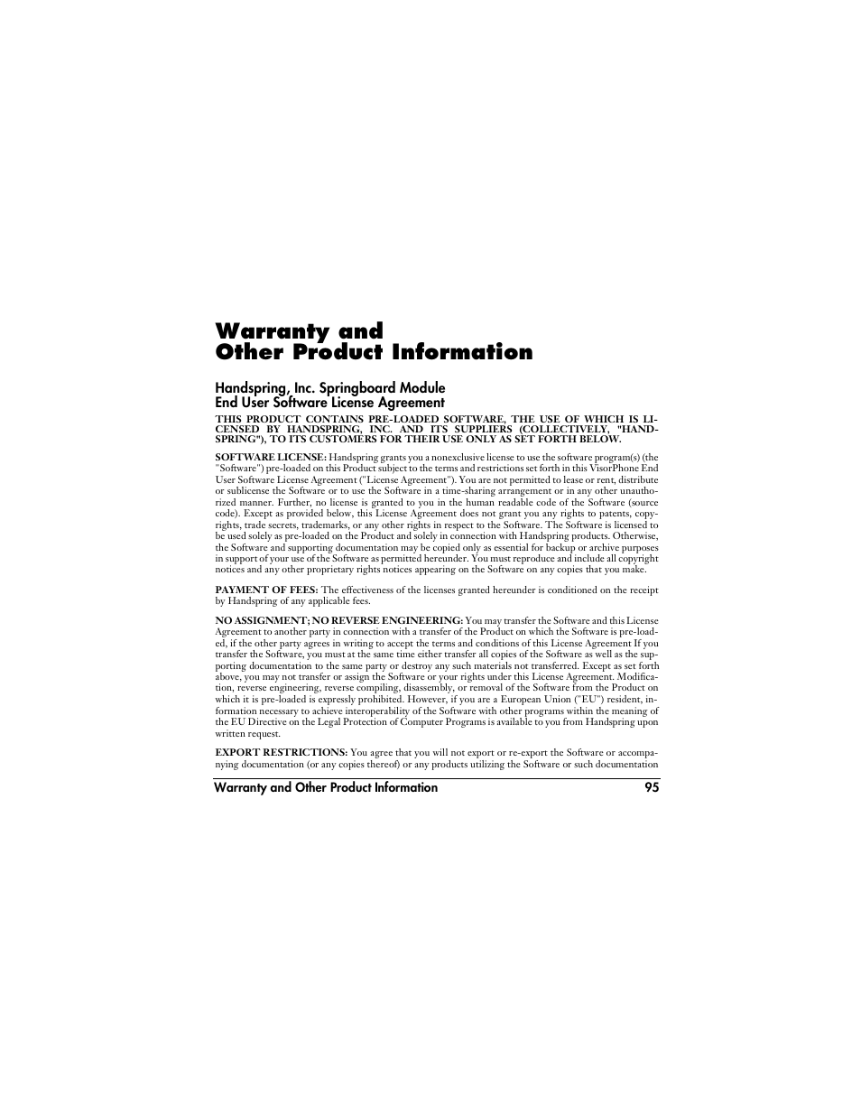 Warranty and other product information | Handspring VisorPhone User Manual | Page 101 / 126