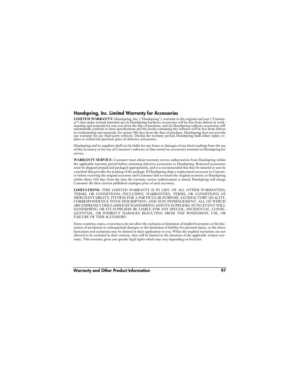 Handspring, inc. limited warranty for accessories | Handspring VisorPhone User Manual | Page 103 / 126