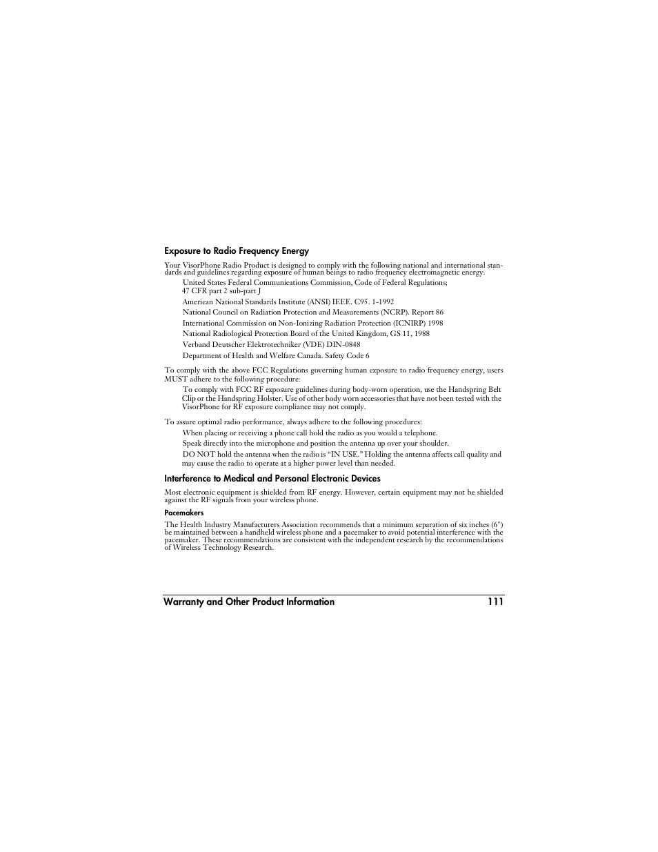 Exposure to radio frequency energy, Pacemakers | Handspring VisorPhone User Manual | Page 117 / 126