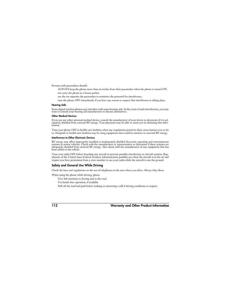 Hearing aids, Other medical devices, Interference to other electronic devices | Safety and general use while driving | Handspring VisorPhone User Manual | Page 118 / 126