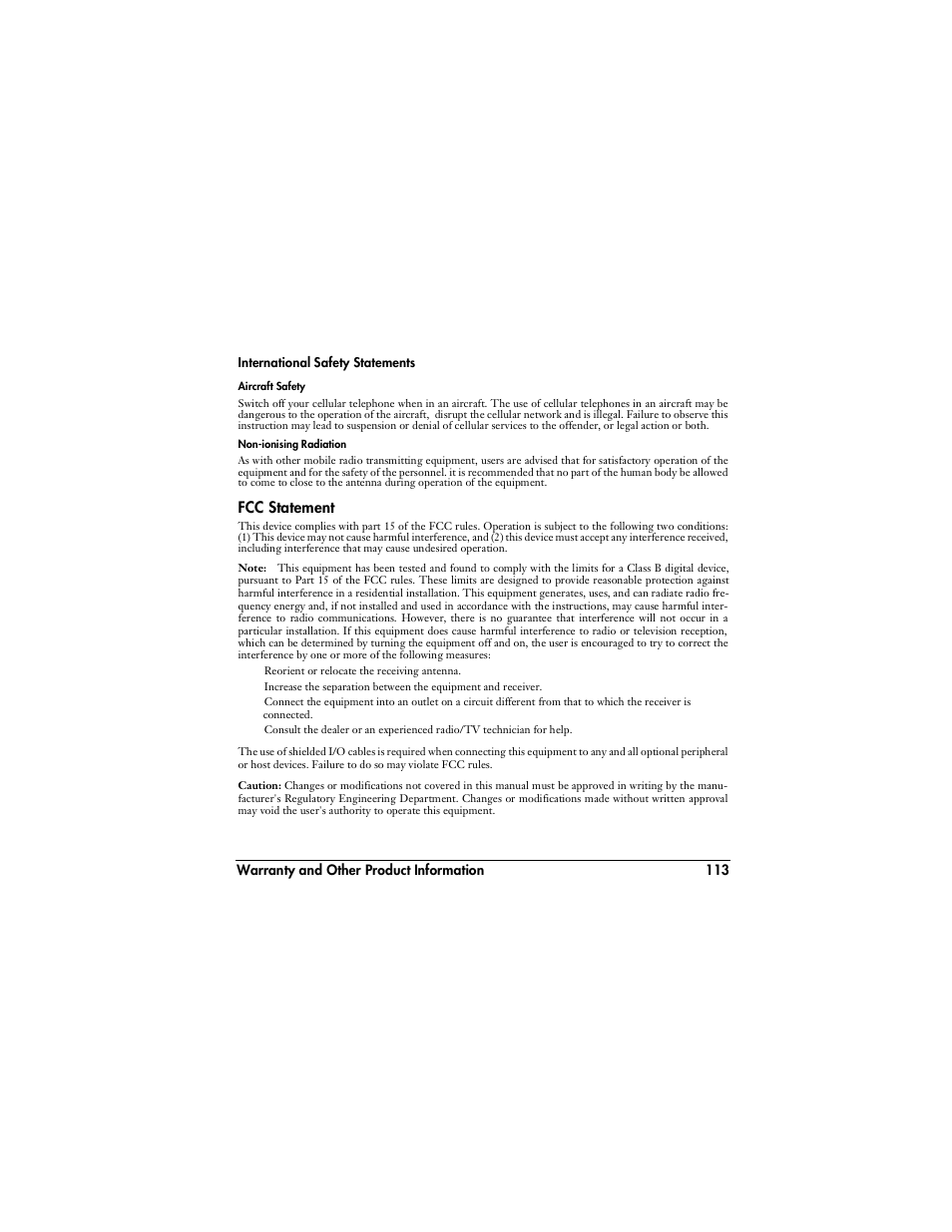 International safety statements, Aircraft safety, Non-ionising radiation | Fcc statement | Handspring VisorPhone User Manual | Page 119 / 126