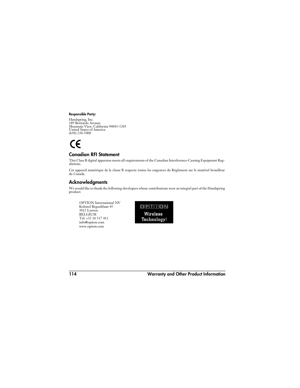 Responsible party, Canadian rfi statement, Acknowledgments | Handspring VisorPhone User Manual | Page 120 / 126