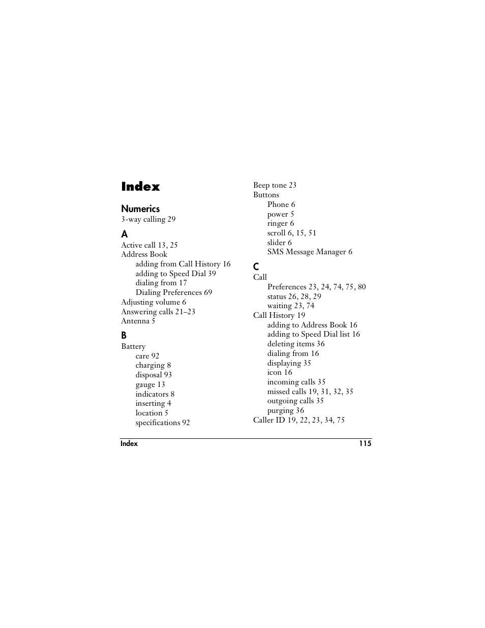 Index | Handspring VisorPhone User Manual | Page 121 / 126