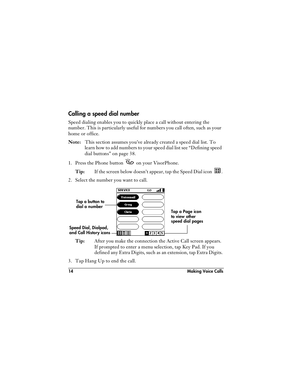 Calling a speed dial number | Handspring VisorPhone User Manual | Page 20 / 126