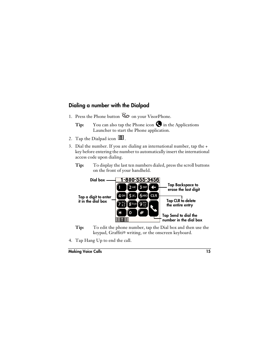Dialing a number with the dialpad | Handspring VisorPhone User Manual | Page 21 / 126