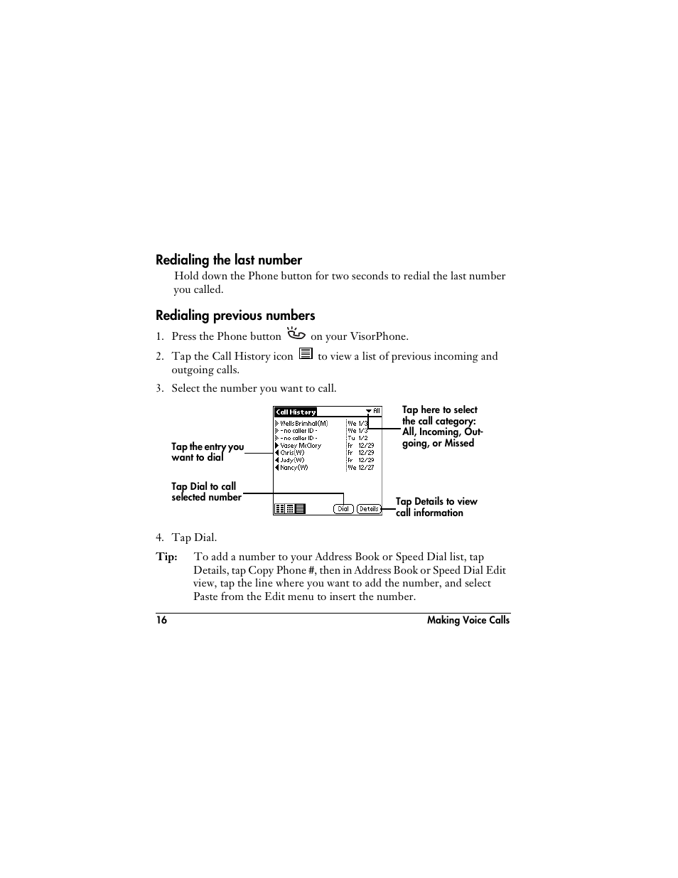 Redialing the last number, Redialing previous numbers | Handspring VisorPhone User Manual | Page 22 / 126