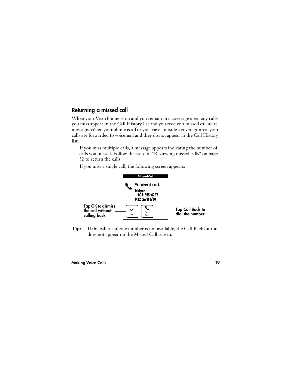 Returning a missed call | Handspring VisorPhone User Manual | Page 25 / 126
