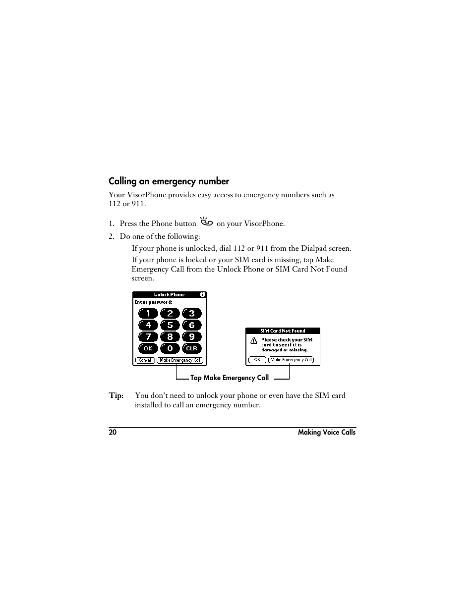 Calling an emergency number | Handspring VisorPhone User Manual | Page 26 / 126