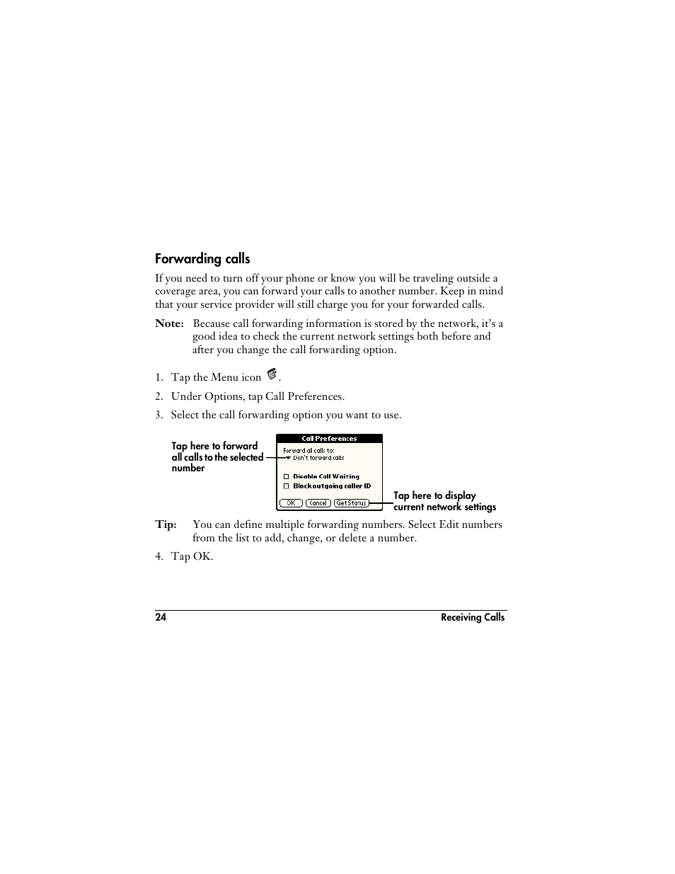 Forwarding calls | Handspring VisorPhone User Manual | Page 30 / 126