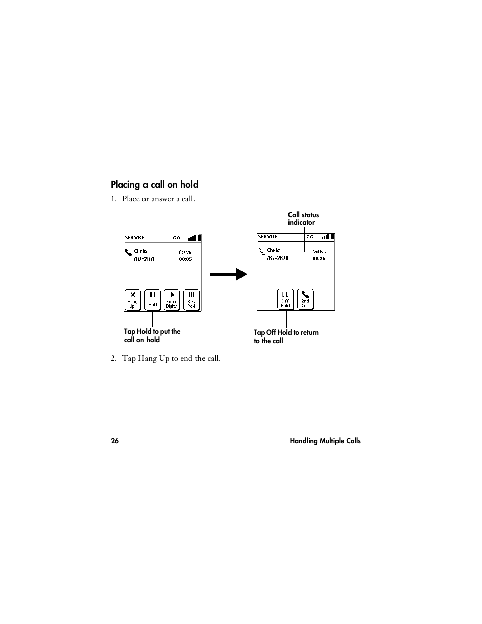 Placing a call on hold | Handspring VisorPhone User Manual | Page 32 / 126