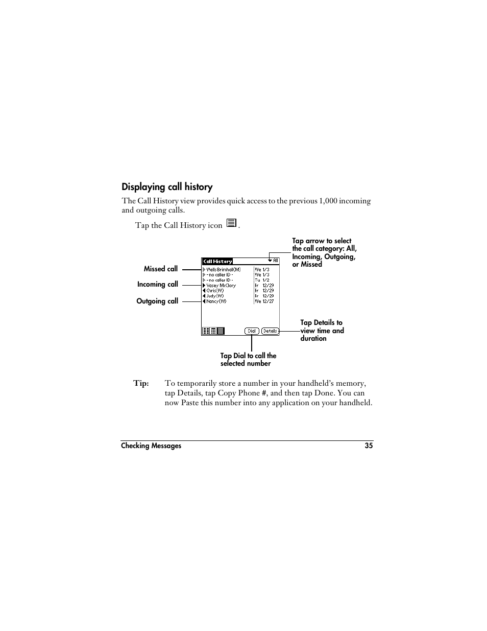 Displaying call history | Handspring VisorPhone User Manual | Page 41 / 126
