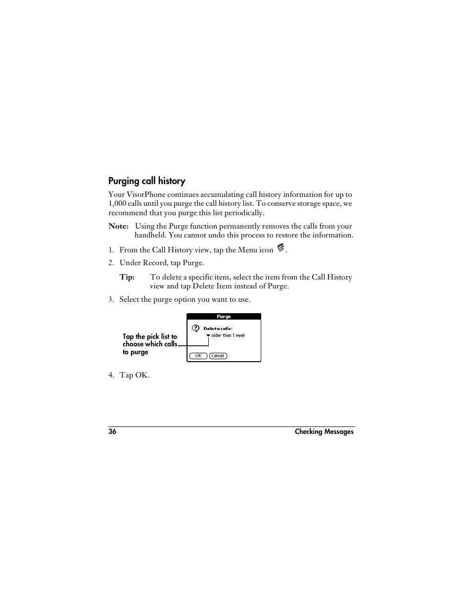 Purging call history | Handspring VisorPhone User Manual | Page 42 / 126