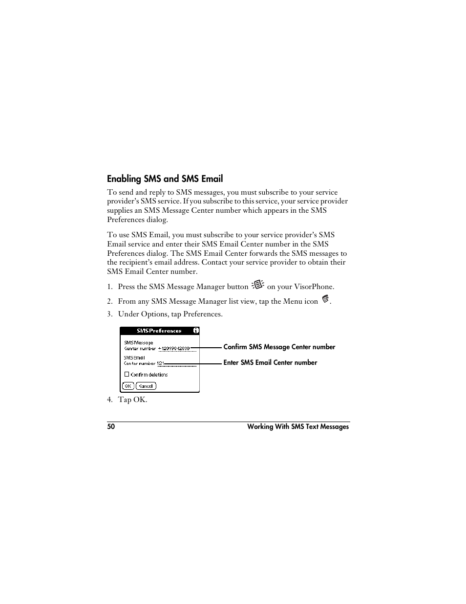 Enabling sms and sms email | Handspring VisorPhone User Manual | Page 56 / 126