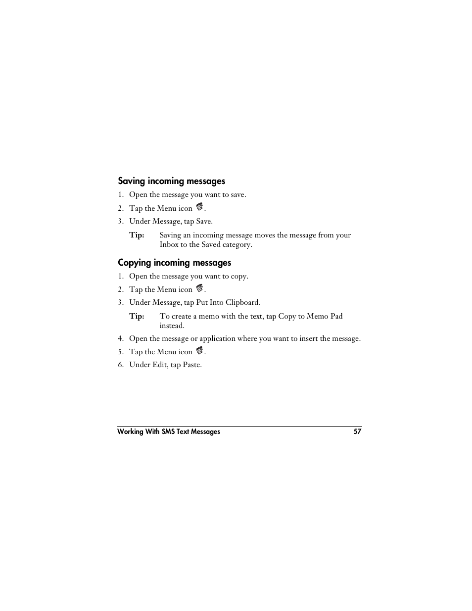 Saving incoming messages, Copying incoming messages, Saving incoming messages copying incoming messages | Handspring VisorPhone User Manual | Page 63 / 126