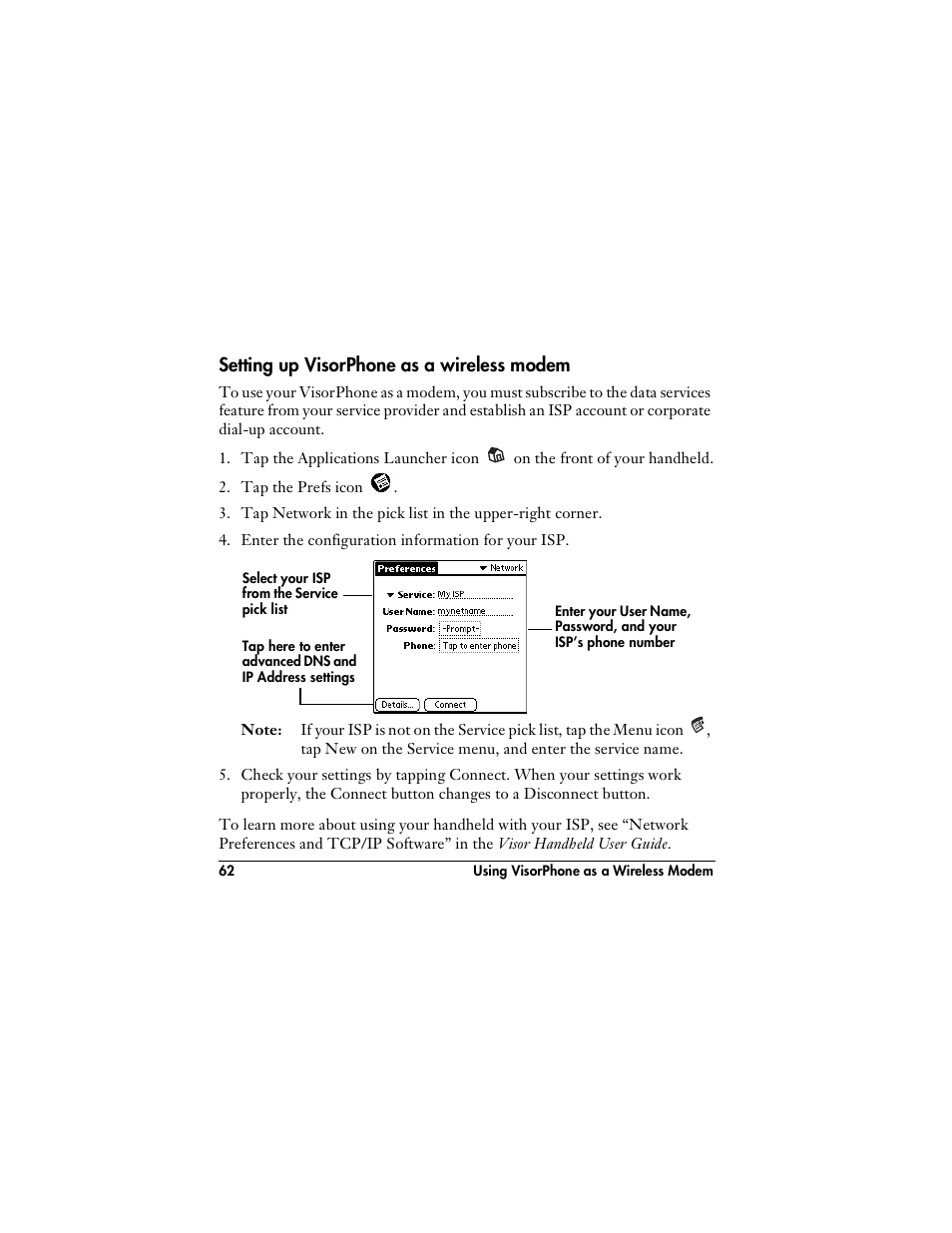 Setting up visorphone as a wireless modem | Handspring VisorPhone User Manual | Page 68 / 126