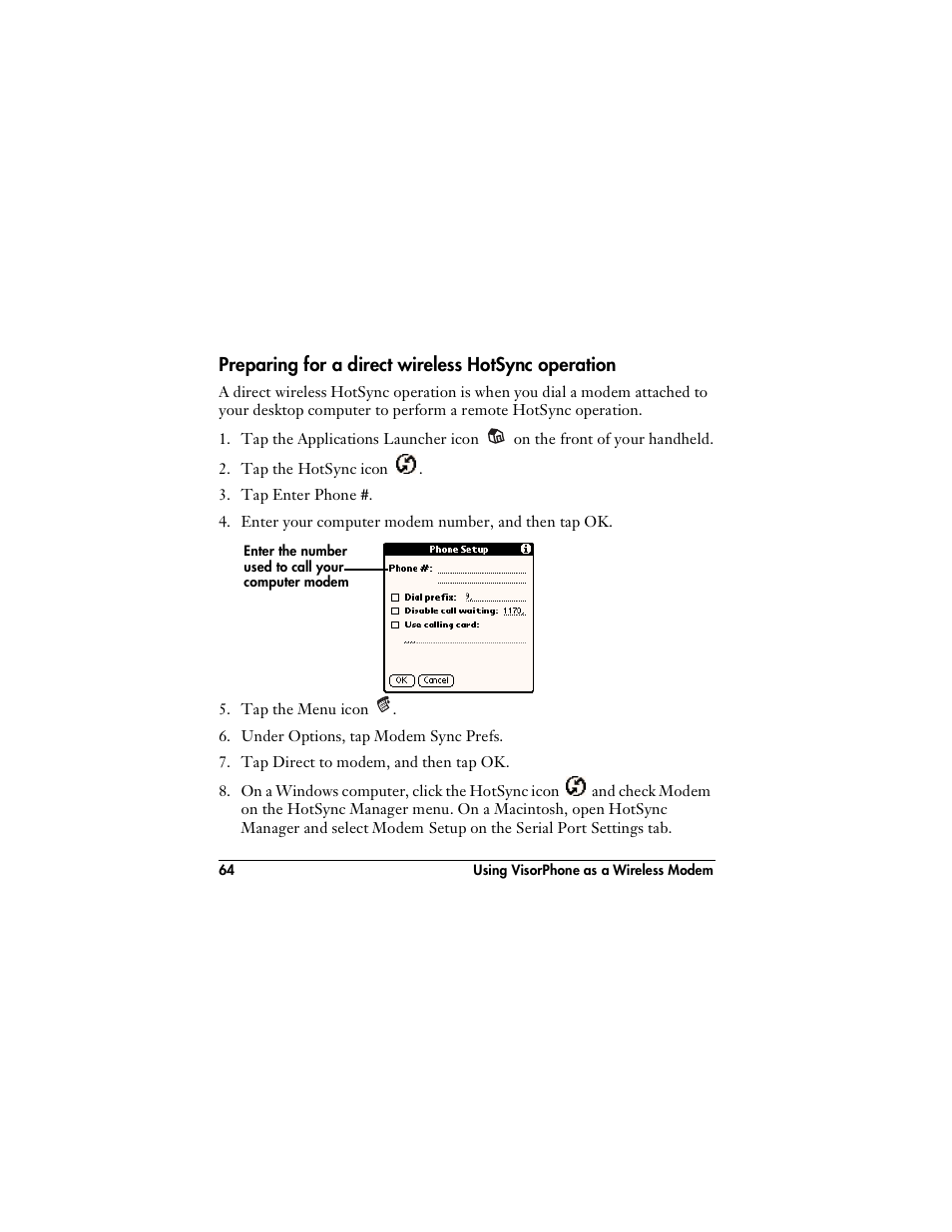 Preparing for a direct wireless hotsync operation | Handspring VisorPhone User Manual | Page 70 / 126