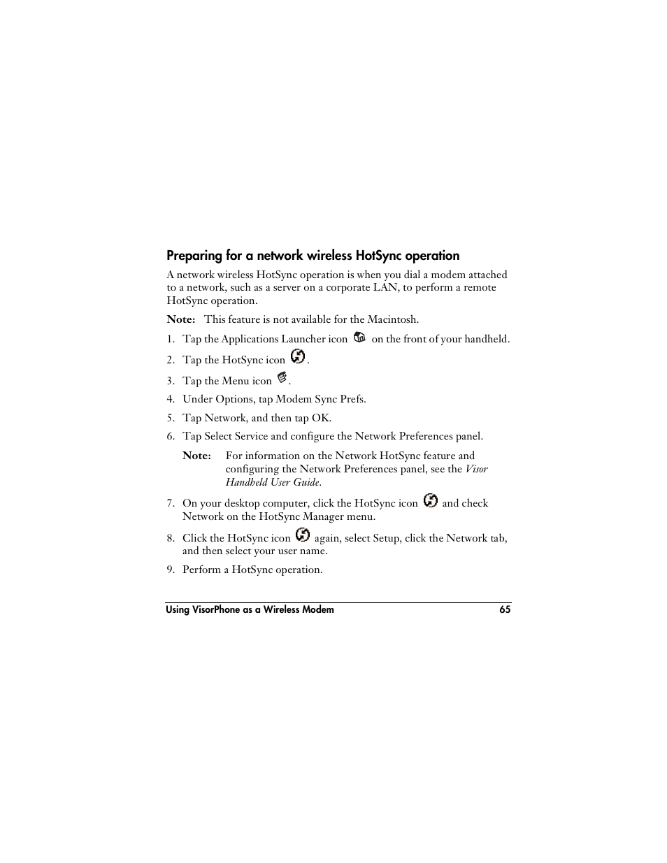 Preparing for a network wireless hotsync operation | Handspring VisorPhone User Manual | Page 71 / 126