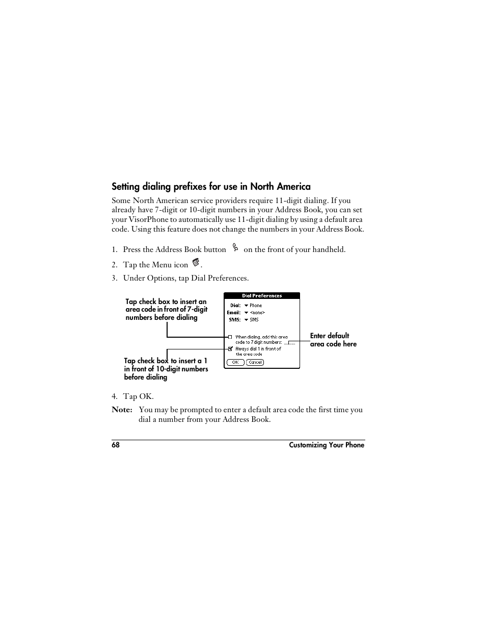 Setting dialing prefixes for use in north america | Handspring VisorPhone User Manual | Page 74 / 126