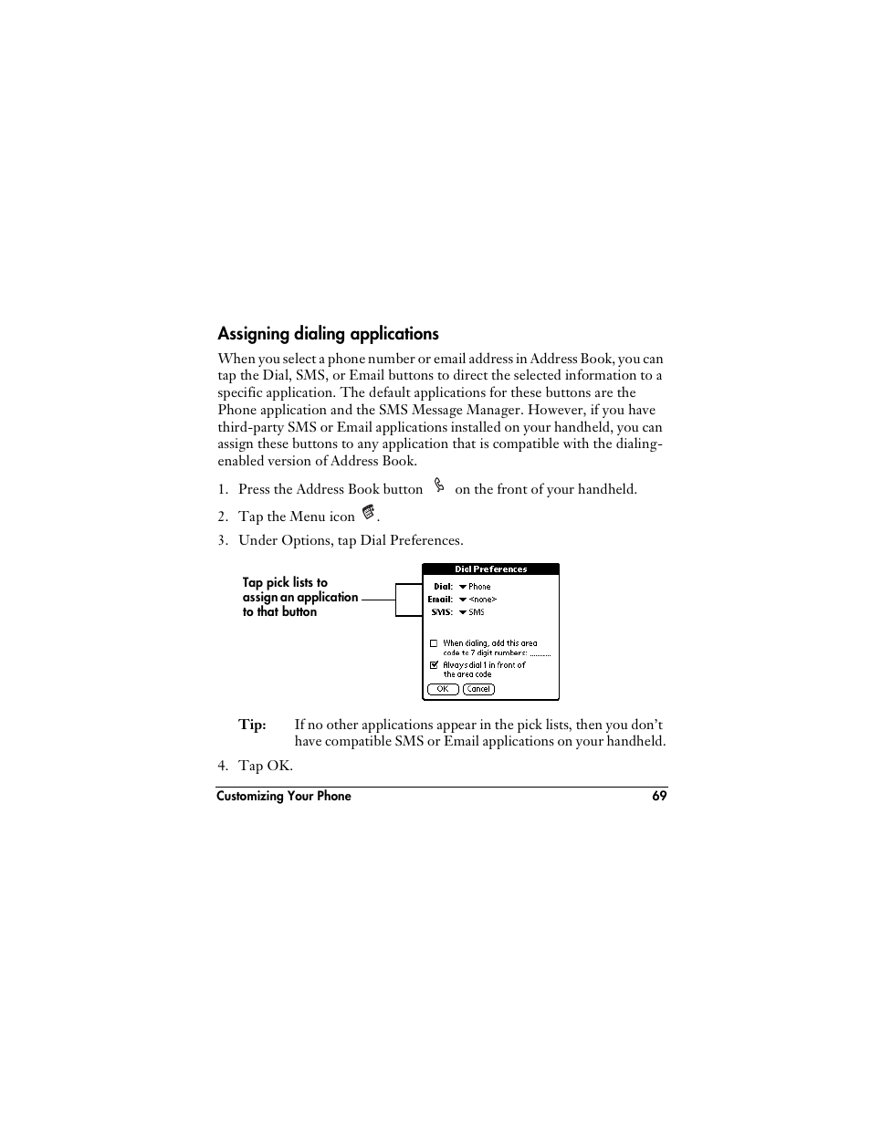 Assigning dialing applications | Handspring VisorPhone User Manual | Page 75 / 126