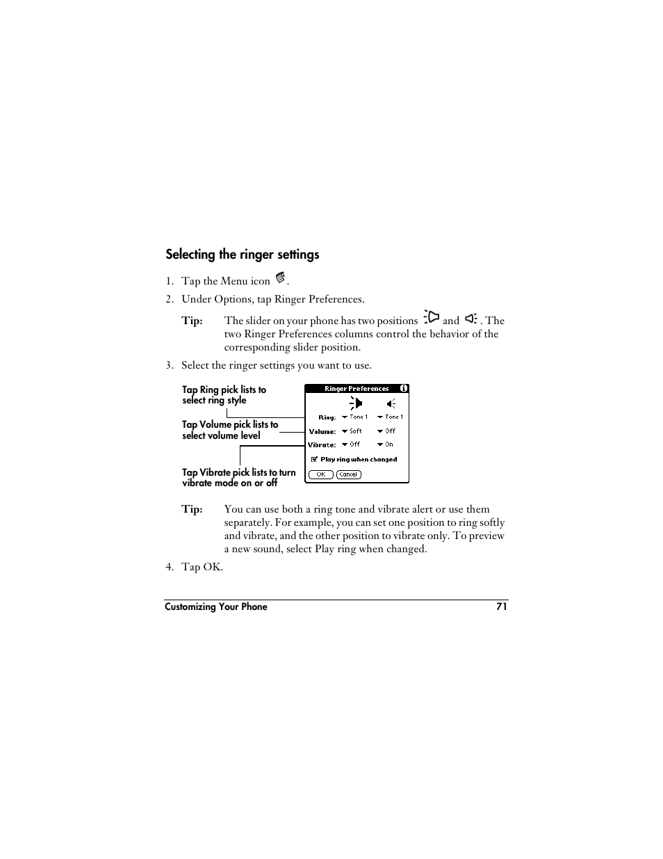 Selecting the ringer settings | Handspring VisorPhone User Manual | Page 77 / 126