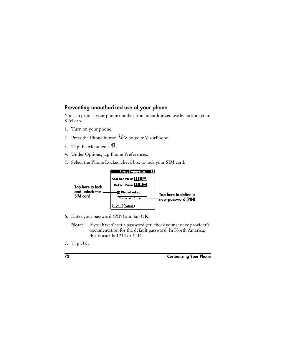Preventing unauthorized use of your phone | Handspring VisorPhone User Manual | Page 78 / 126