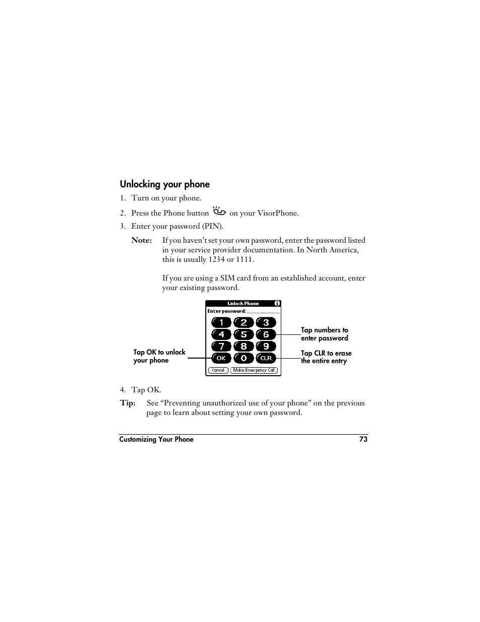 Unlocking your phone | Handspring VisorPhone User Manual | Page 79 / 126