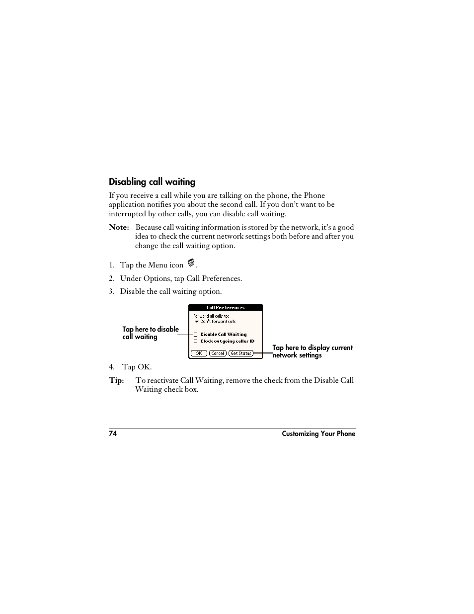 Disabling call waiting | Handspring VisorPhone User Manual | Page 80 / 126