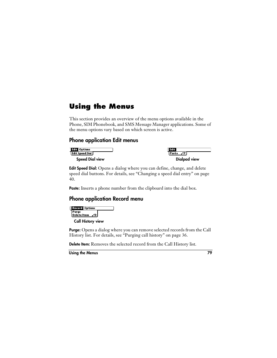 Using the menus, Phone application edit menus, Phone application record menu | Handspring VisorPhone User Manual | Page 85 / 126