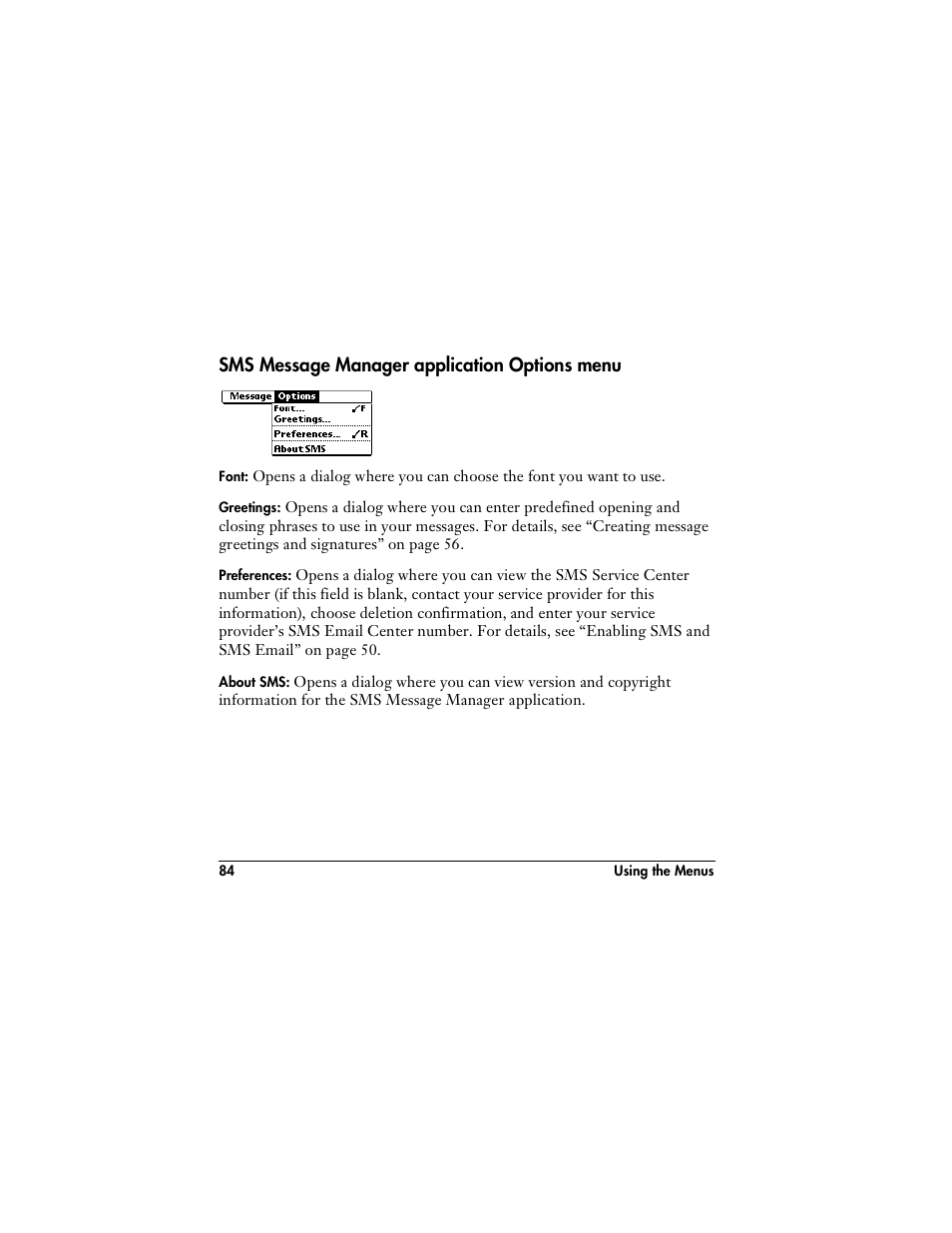Sms message manager application options menu | Handspring VisorPhone User Manual | Page 90 / 126