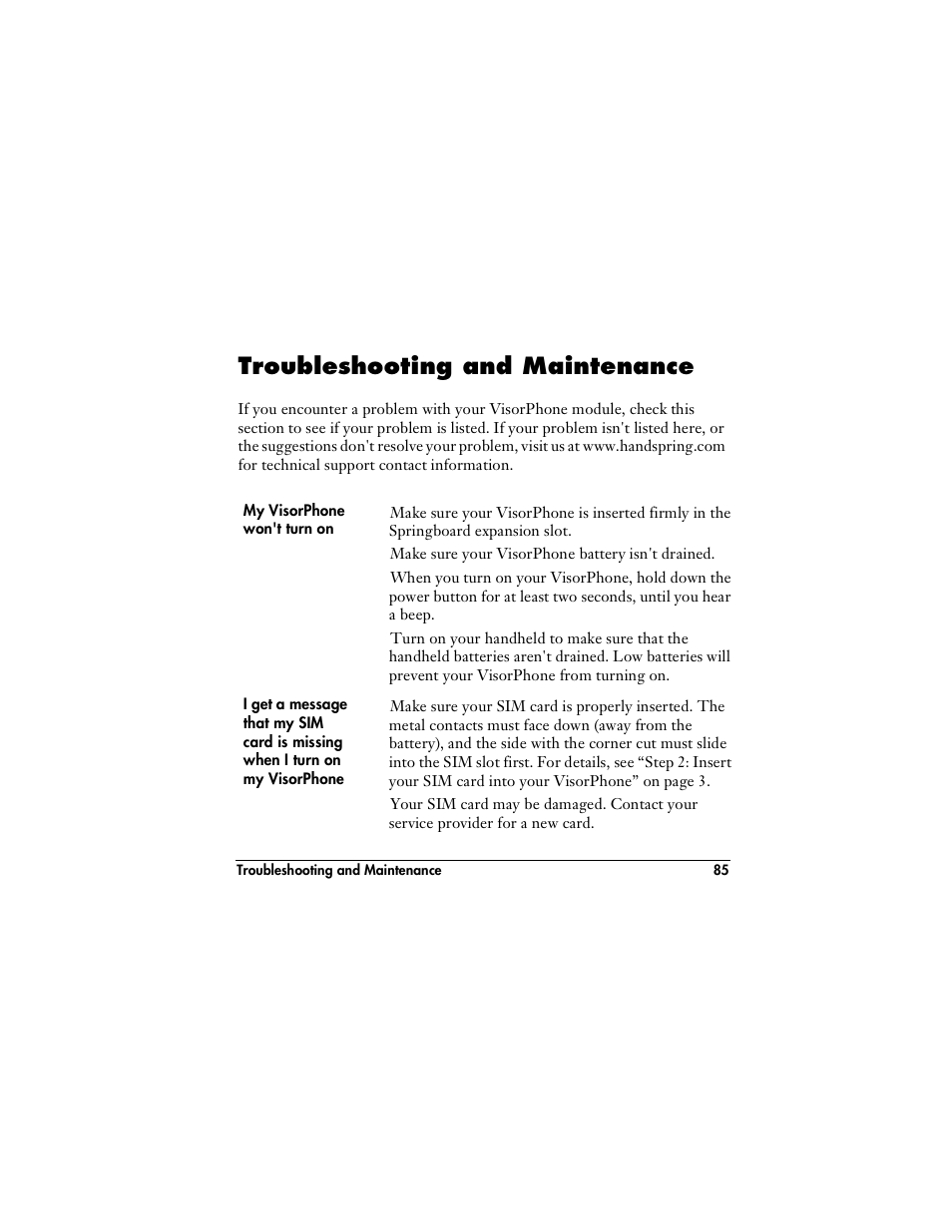 Troubleshooting and maintenance | Handspring VisorPhone User Manual | Page 91 / 126