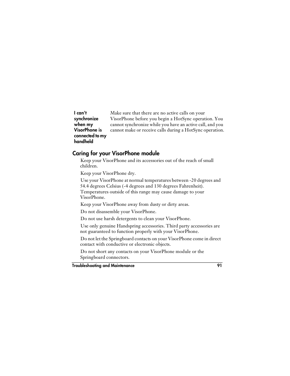 Caring for your visorphone module | Handspring VisorPhone User Manual | Page 97 / 126