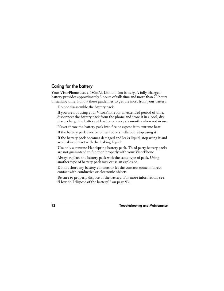 Caring for the battery | Handspring VisorPhone User Manual | Page 98 / 126