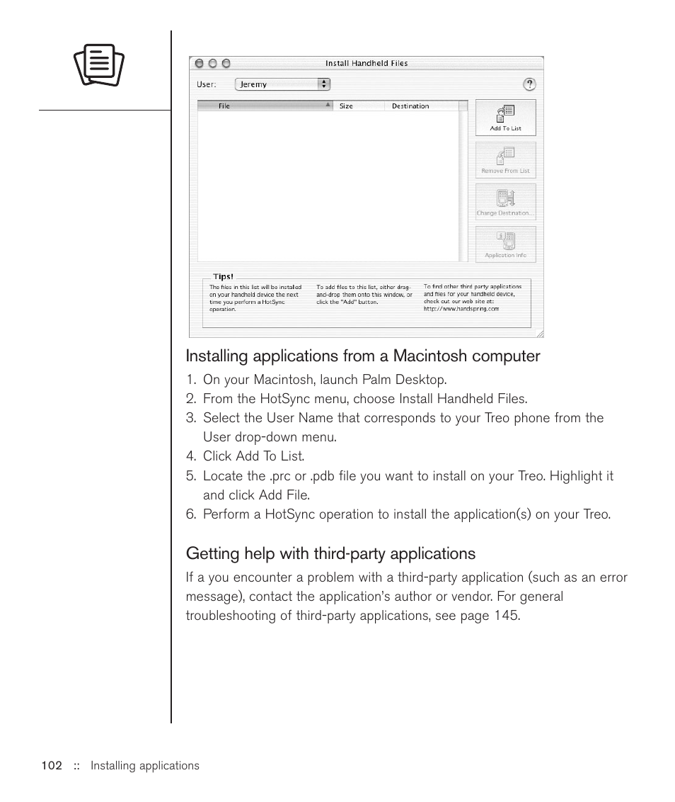 Installing applications from a macintosh computer, Getting help with third-party applications | Handspring Treo 600 User Manual | Page 102 / 158