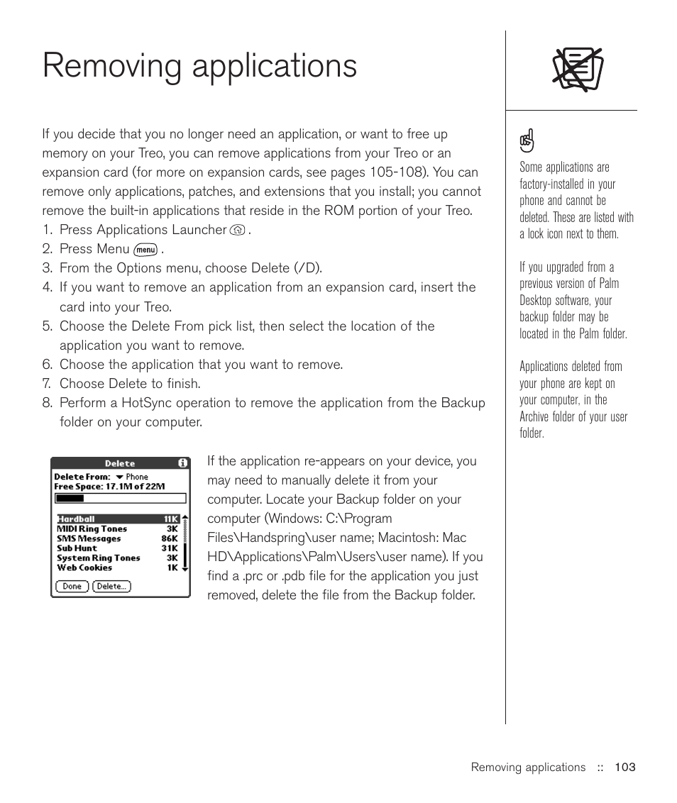Removing applications | Handspring Treo 600 User Manual | Page 103 / 158