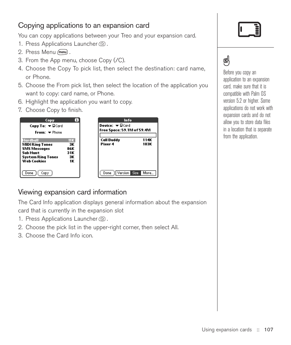 Copying applications to an expansion card, Viewing expansion card information | Handspring Treo 600 User Manual | Page 107 / 158