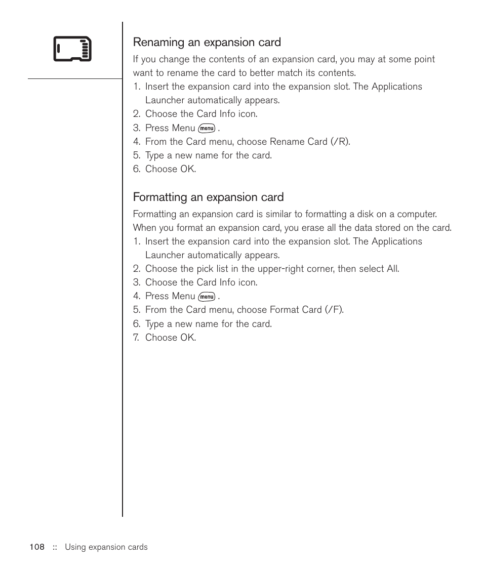 Renaming an expansion card, Formatting an expansion card | Handspring Treo 600 User Manual | Page 108 / 158