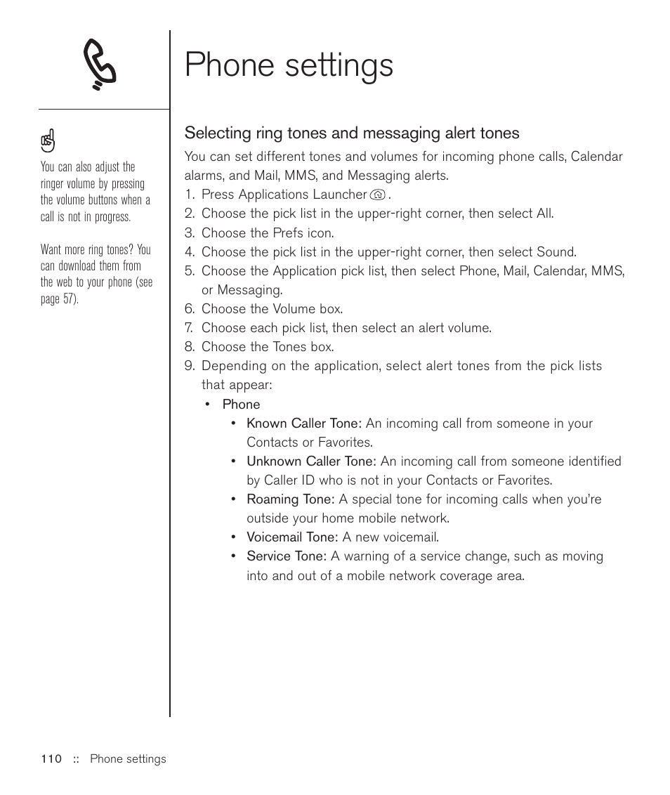 Phone settings | Handspring Treo 600 User Manual | Page 110 / 158