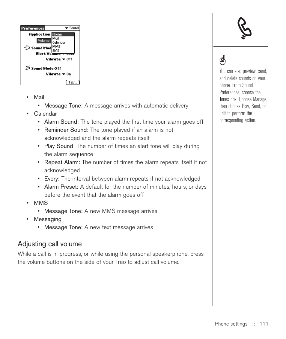 Adjusting call volume | Handspring Treo 600 User Manual | Page 111 / 158