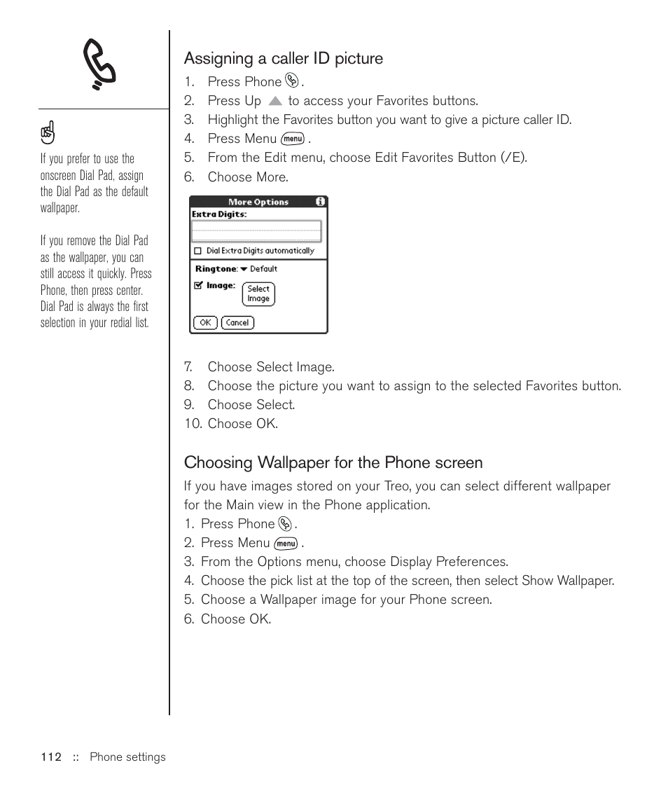 Assigning a caller id picture, Choosing wallpaper for the phone screen | Handspring Treo 600 User Manual | Page 112 / 158