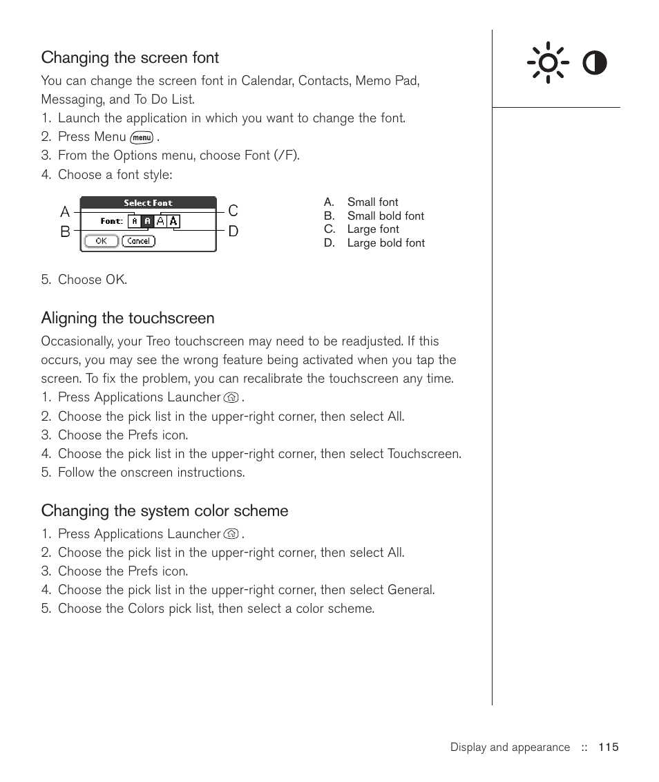 Changing the screen font, Aligning the touchscreen, Changing the system color scheme | Handspring Treo 600 User Manual | Page 115 / 158