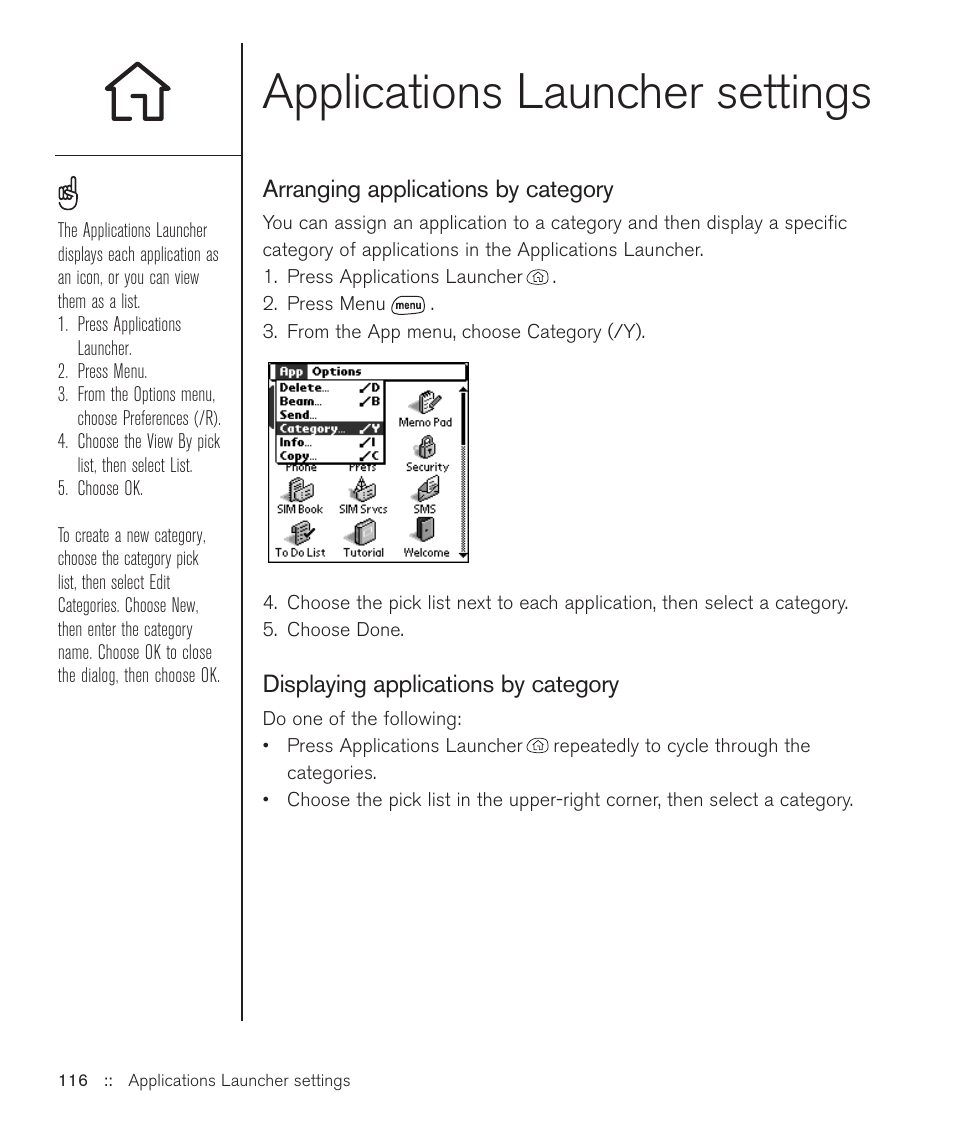 Applications launcher settings | Handspring Treo 600 User Manual | Page 116 / 158