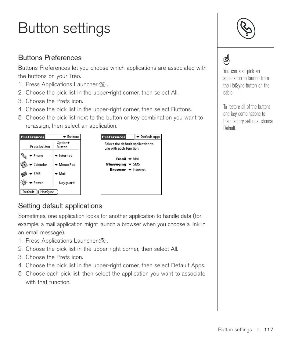 Button settings | Handspring Treo 600 User Manual | Page 117 / 158