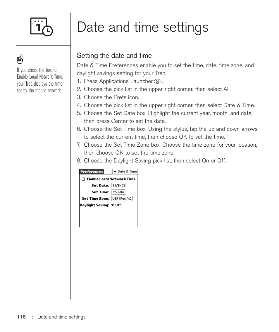 Date and time settings | Handspring Treo 600 User Manual | Page 118 / 158