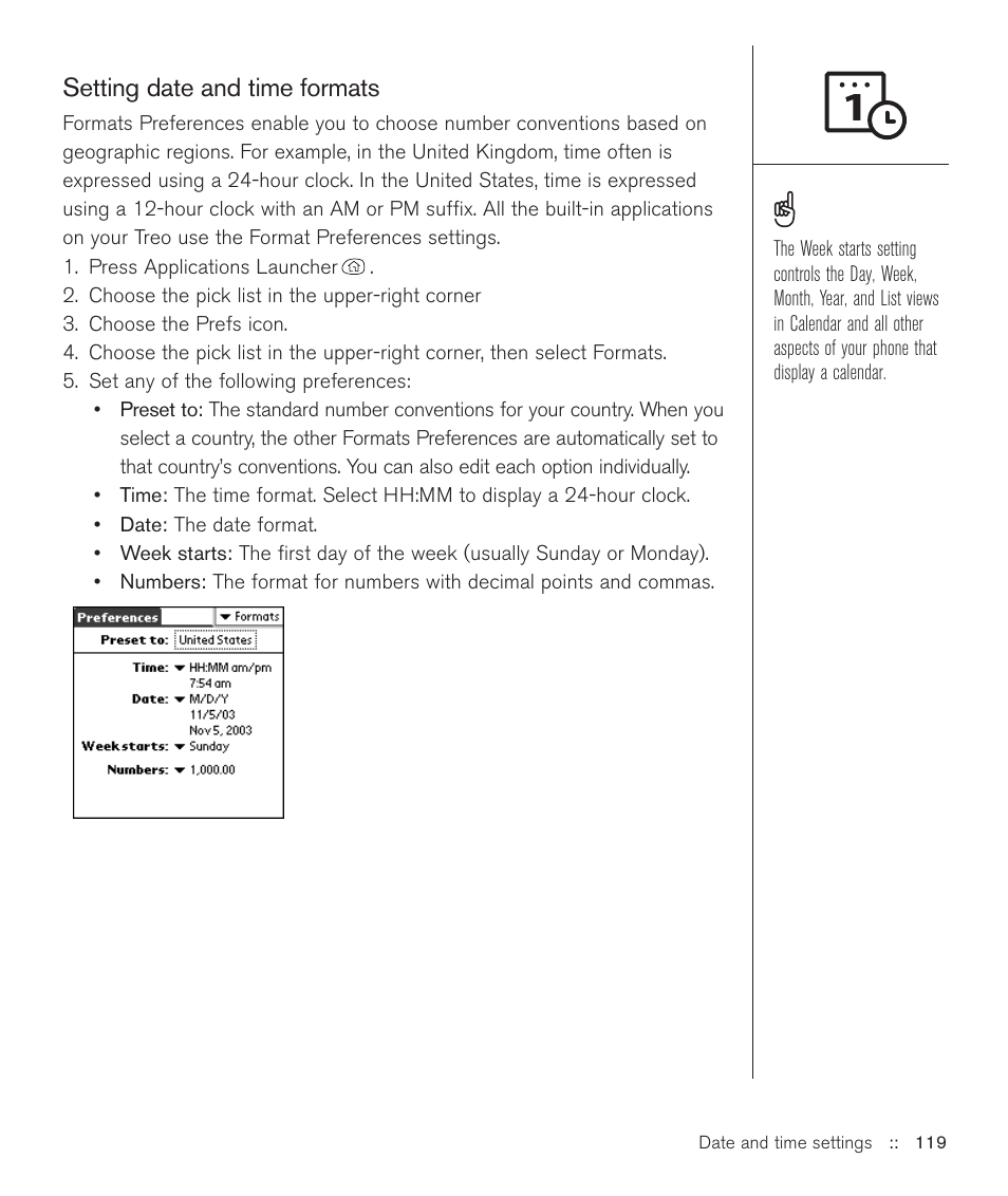 Setting date and time formats | Handspring Treo 600 User Manual | Page 119 / 158