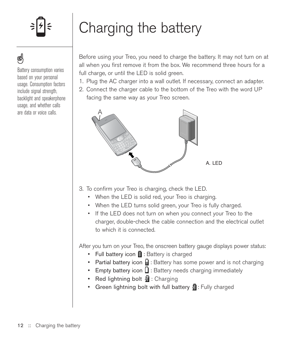Charging the battery | Handspring Treo 600 User Manual | Page 12 / 158