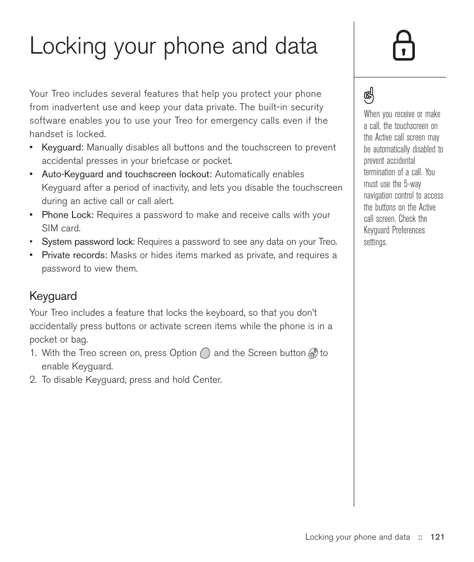 Locking your phone and data | Handspring Treo 600 User Manual | Page 121 / 158