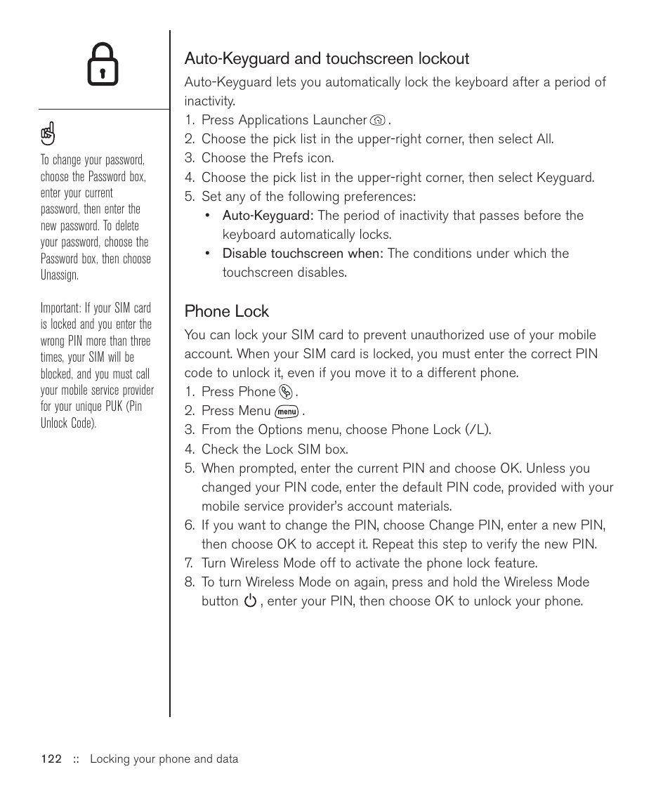 Auto-keyguard and touchscreen lockout, Phone lock | Handspring Treo 600 User Manual | Page 122 / 158
