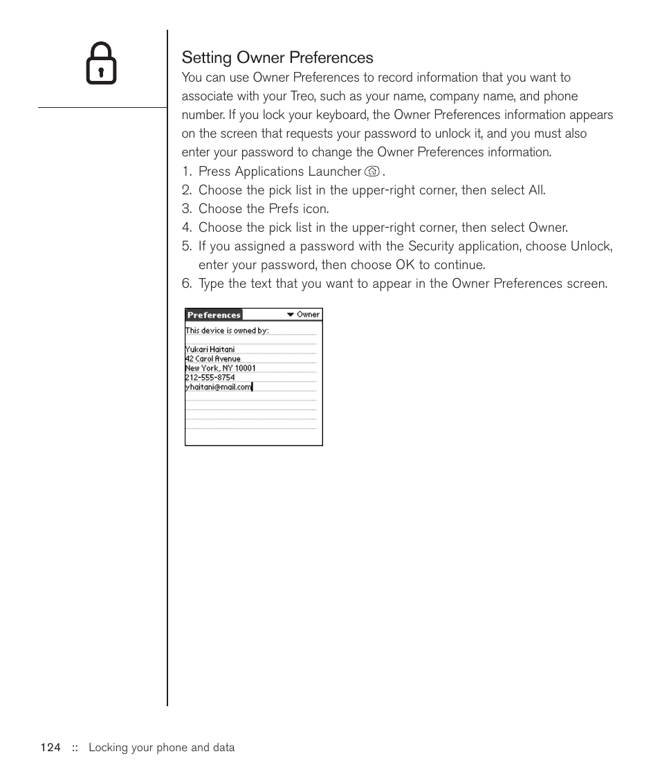 Setting owner preferences | Handspring Treo 600 User Manual | Page 124 / 158