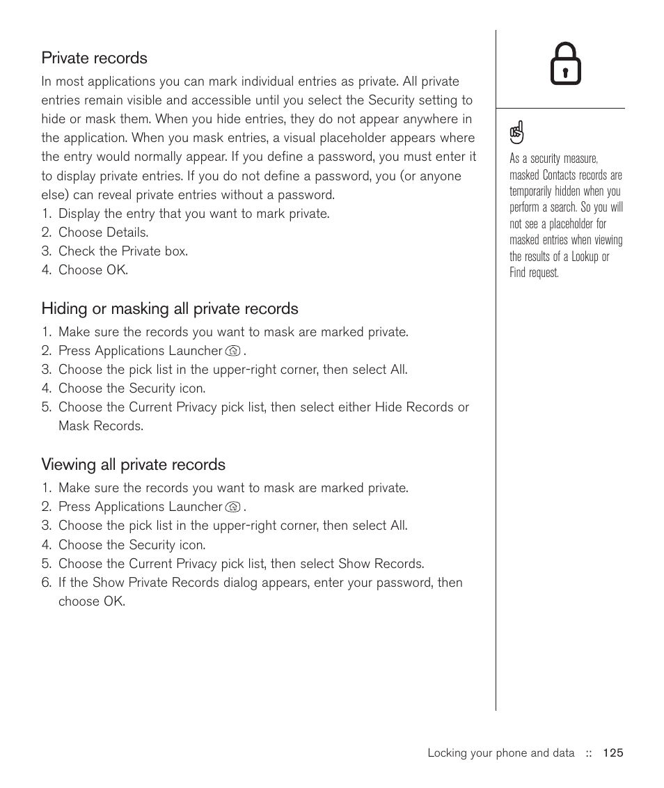 Private records, Hiding or masking all private records, Viewing all private records | Handspring Treo 600 User Manual | Page 125 / 158