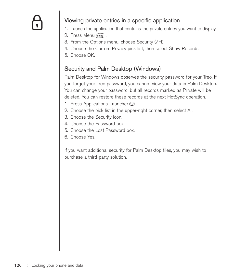 Viewing private entries in a specific application, Security and palm desktop (windows) | Handspring Treo 600 User Manual | Page 126 / 158